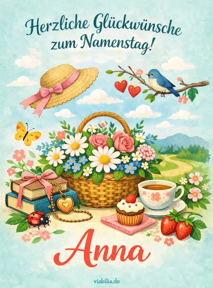 Herzliche Glückwünsche zum Namenstag Anna, romantisch Herzliche Glückwünsche zum Namenstag Anna, romantisch mit Picknick
