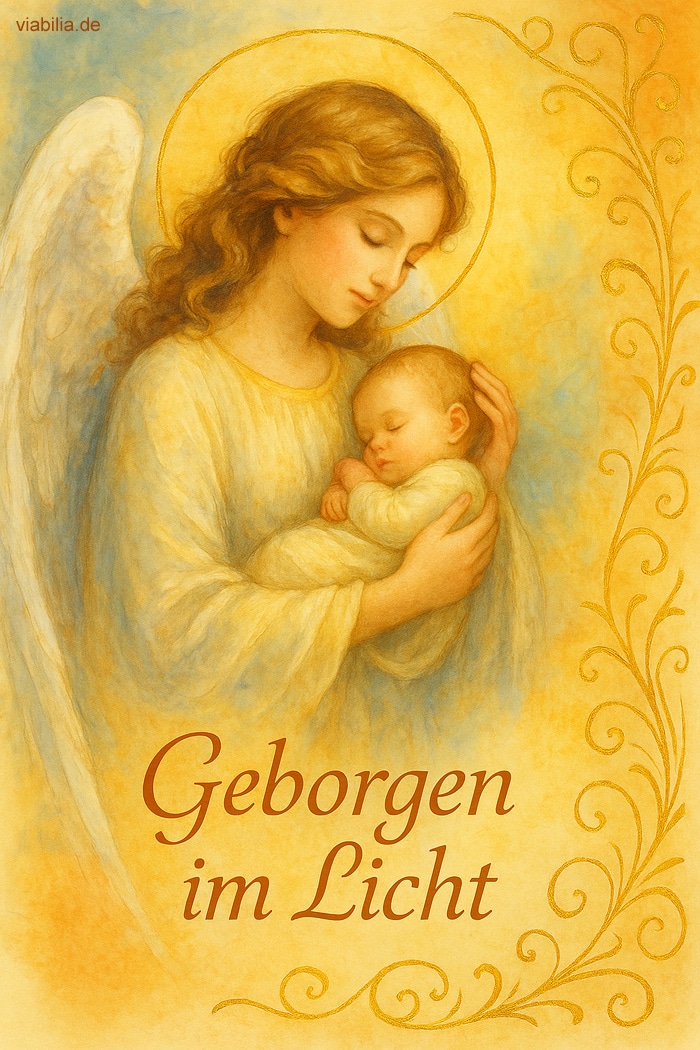 Beileidsbekundung zum Tod eines Kindes, Sternenkind, Geborgen im Licht, mit Engel, der Kind in seinen Armen hält