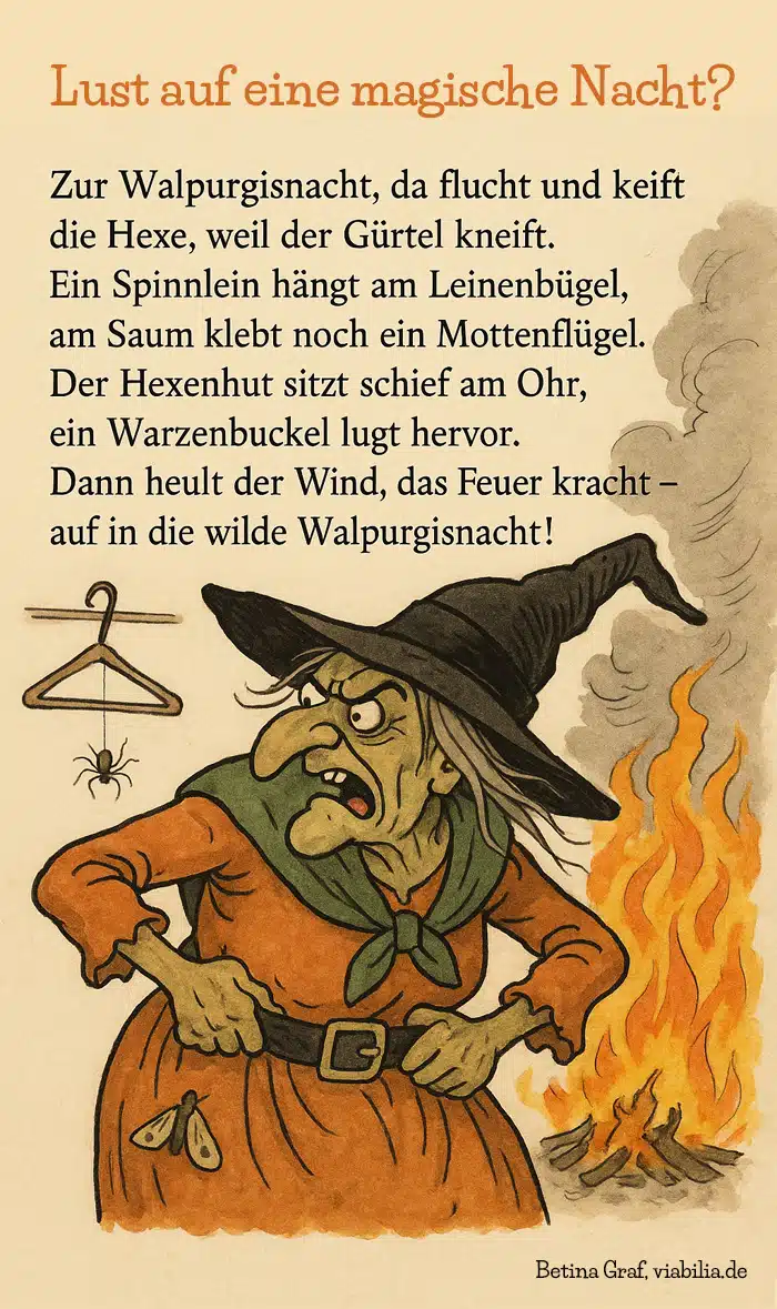 Walpurgisnacht Spruch und Einladung, Bild mit Hexe