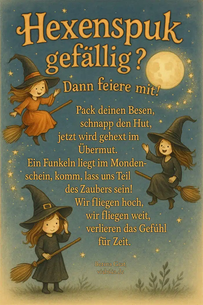 Walpurgisnacht Hexenspuk-Spruch mit lustigem Bild für Kinder