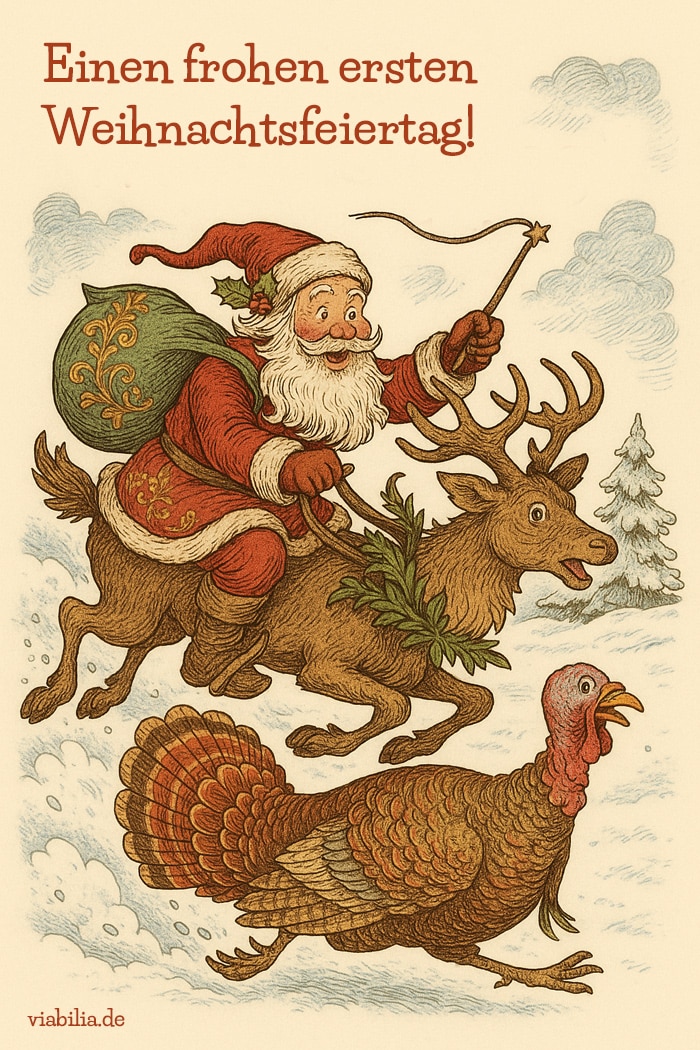 Einen frohen ersten Weihnachtsfeiertag: Lustiges Bild mit Weihnachtsmann Einen frohen ersten Weihnachtsfeiertag: Lustiges Bild mit Weihnachtsmann