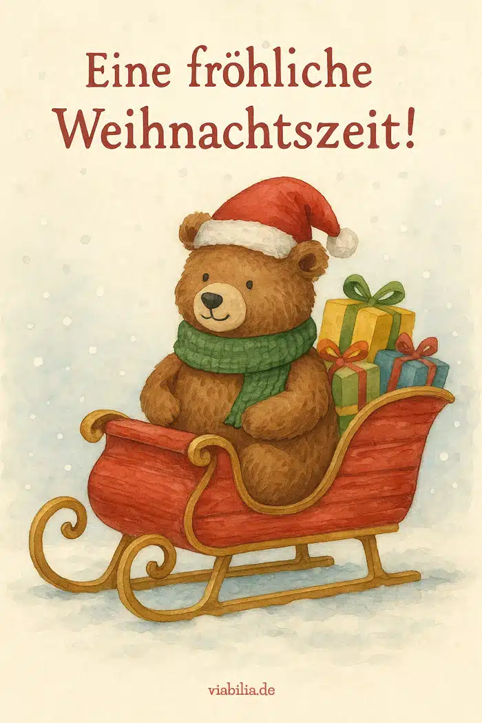 Eine fröhliche Weihnachtszeit, Bild mit Bär auf Schlitten Eine fröhliche Weihnachtszeit, Bild mit Bär auf Schlitten