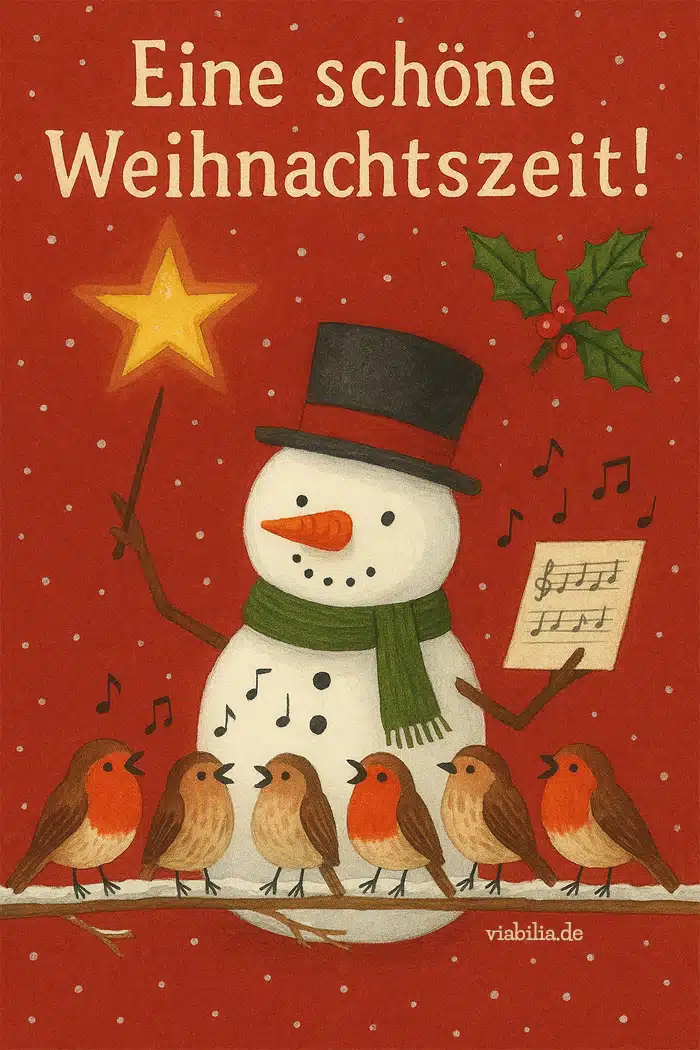 Eine schöne Weihnachtszeit: lustiges Bild mit Schneemann, der Vögel dirigiert Frohe Weihnachtszeit: Bilder und Gedichte