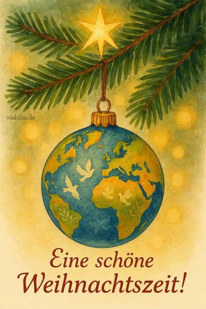 Christbaumkugel mit Welt, um eine schöne Weihnachtszeit zu wünschen Christbaumkugel mit Welt, um eine schöne Weihnachtszeit zu wünschen