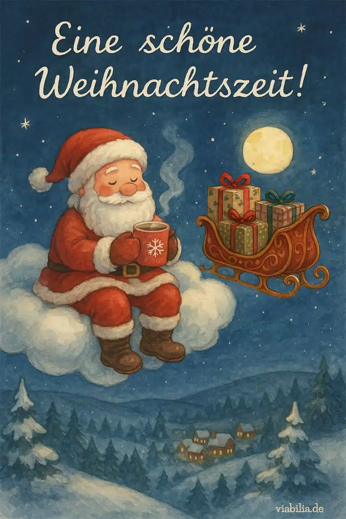 Eine schöne Weihnachtszeit: lustiges Bild mit Weihnachtsmann, der auf einer Wolke Pause macht Eine schöne Weihnachtszeit: lustiges Bild mit Weihnachtsmann, der auf einer Wolke Pause macht