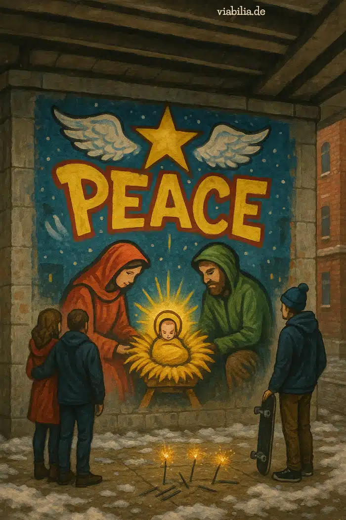 Heilige Familie modern christlich als Graffiti an Mauer Heilige Familie modern christlich als Graffiti an Mauer