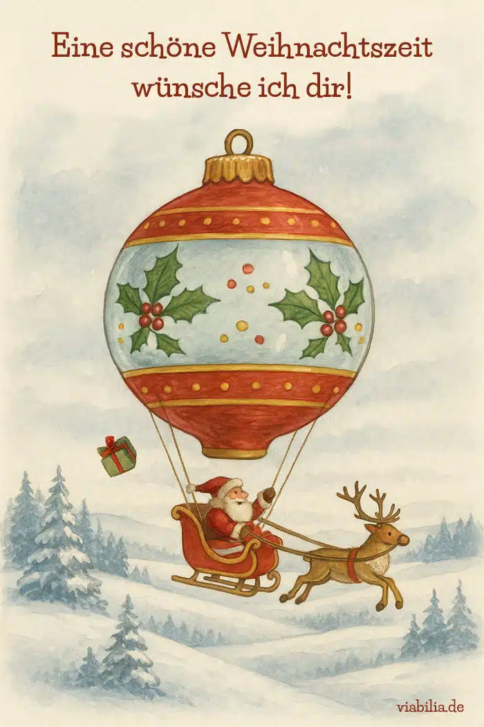 Lustiges Bild, um eine schöne Weihnachtszeit zu wünschen, mit einer Christbaumkugel als Ballon Lustiges Bild, um eine schöne Weihnachtszeit zu wünschen, mit einer Christbaumkugel als Ballon