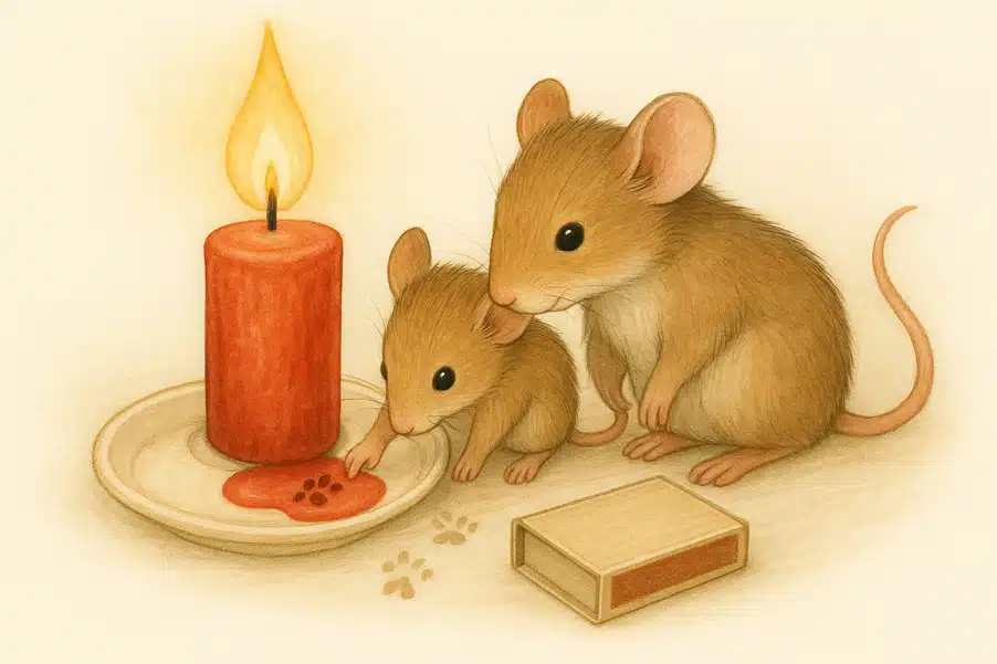 Weihnachtsgeschichte bzw. Adventsgeschichte, hier Mäuschen vor Tisch mit brennender Kerze