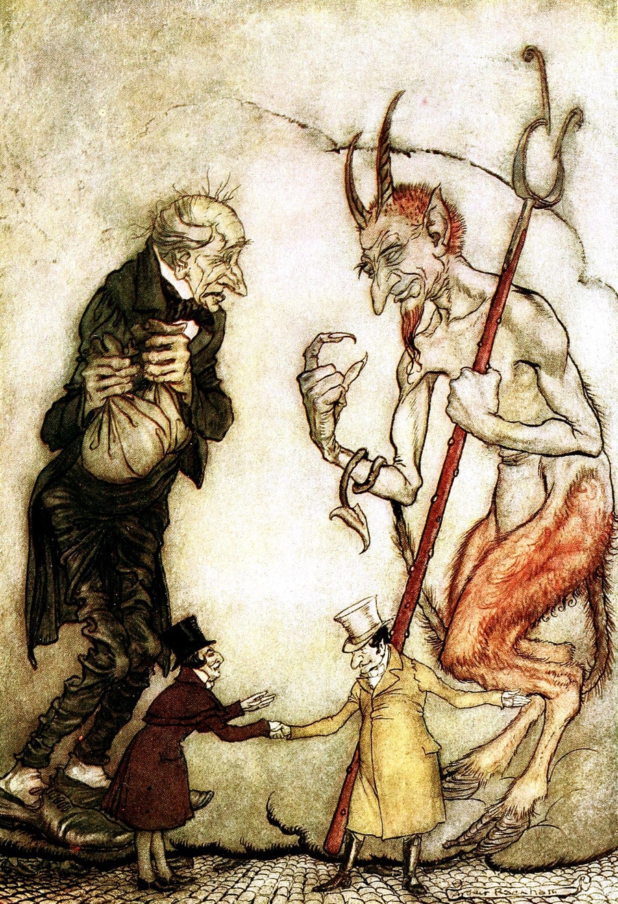 Weihnachtsgeschichte Scrooge und die drei Geister, hier zwei Geschäftsmänner und der Teufel Weihnachtsgeschichte Scrooge und die drei Geister, hier zwei Geschäftsmänner und der Teufel