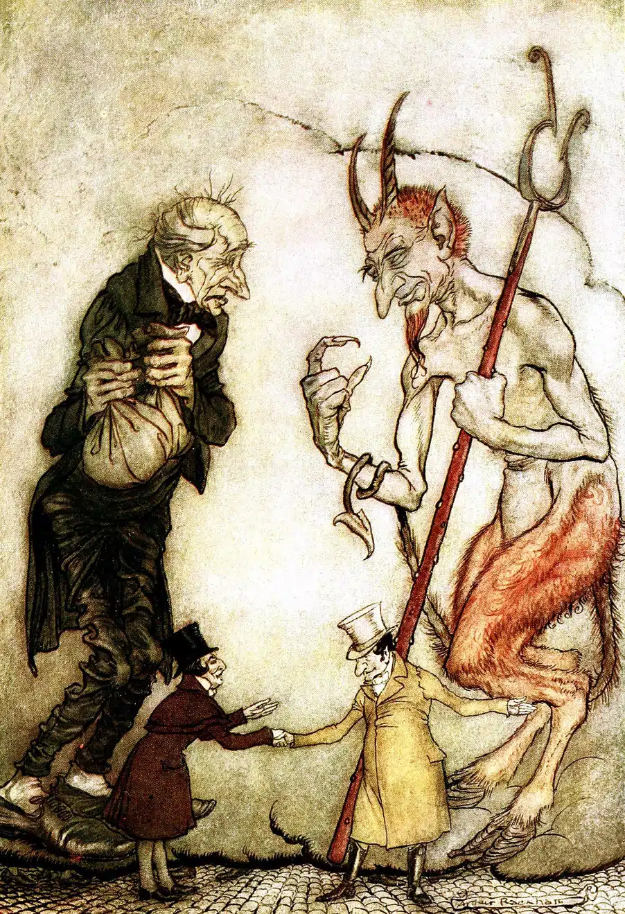Weihnachtsgeschichte Scrooge und die drei Geister, hier zwei Geschäftsmänner und der Teufel