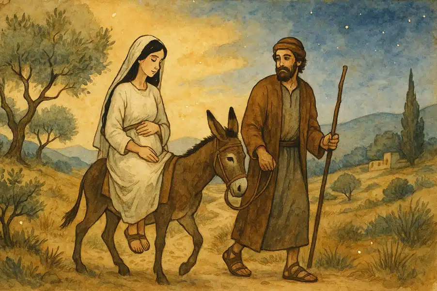 Die Weihnachtsgeschichte aus der Bibel: Maria und Joseph auf dem Weg nach Bethlehem Die Weihnachtsgeschichte aus der Bibel: Maria und Joseph auf dem Weg nach Bethlehem