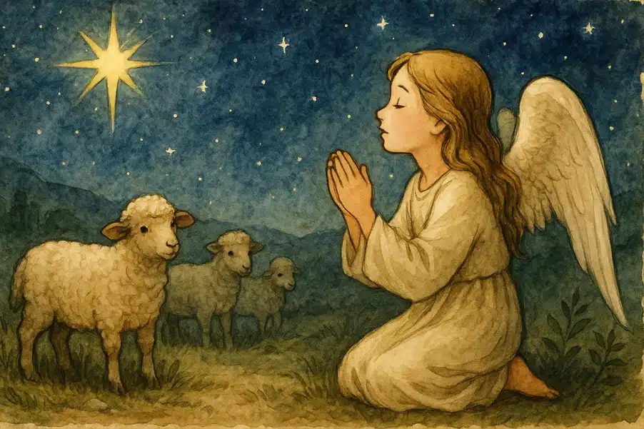 Die Weihnachtsgeschichte aus der Bibel: Engel auf Feld Die Weihnachtsgeschichte aus der Bibel: Engel auf Feld