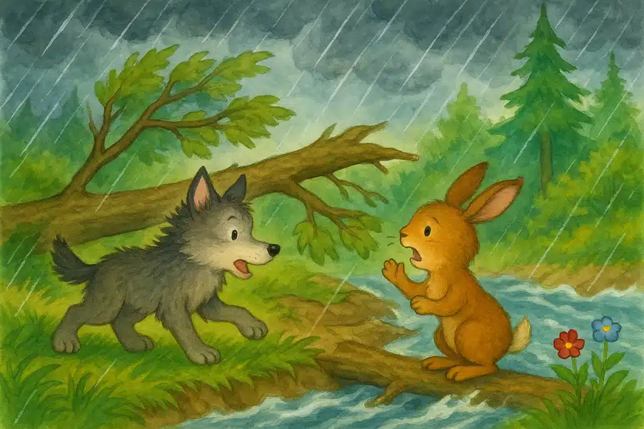 Der Hase und das Wolfskind im Sturm Der Hase und das Wolfskind im Sturm