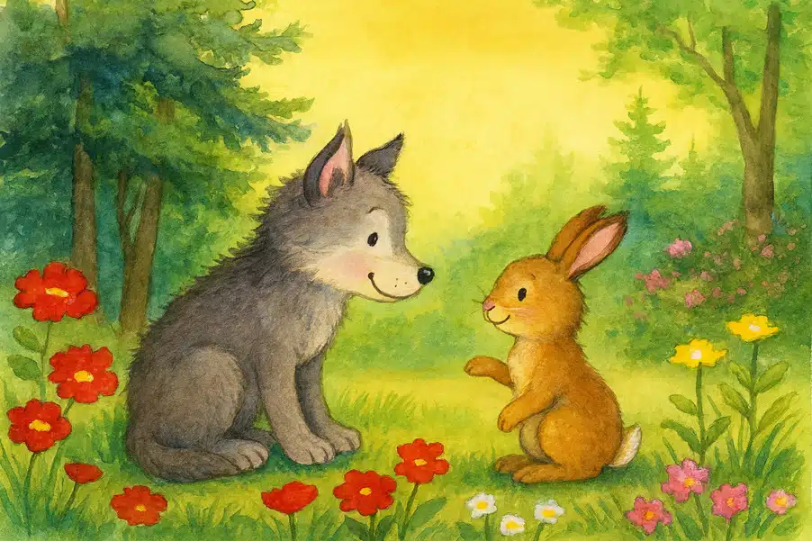 Gute-Nacht-Geschichte, Tiergeschichte: Der Hase und das Wolfskind Gute-Nacht-Geschichte, Tiergeschichte: Der Hase und das Wolfskind