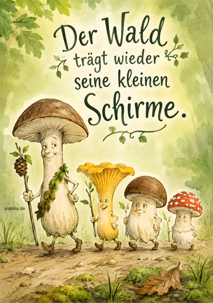 Postkarte: Herbst-Bild mit lustigen Pilzen