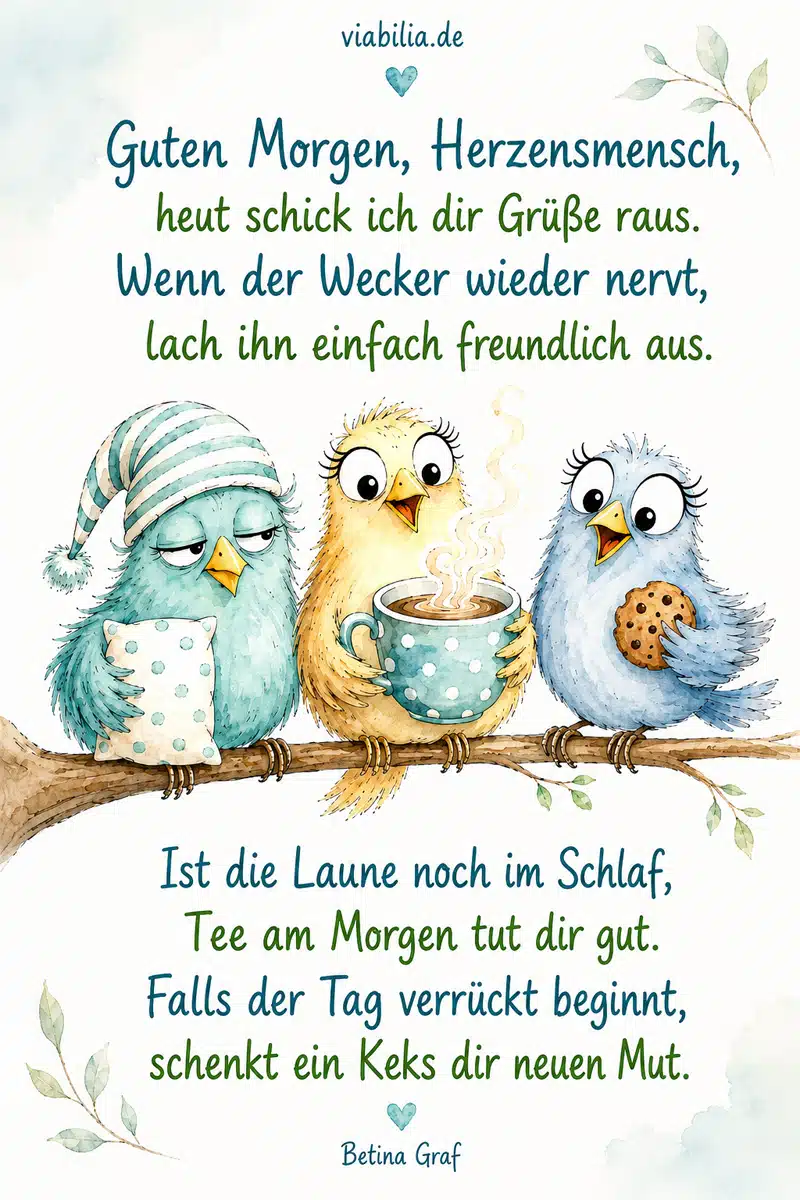 Guten Morgen, Herzensmensch,
heut schick ich dir Grüße raus.
Wenn der Wecker wieder nervt,
lach ihn einfach freundlich aus.

Ist die Laune noch im Schlaf,
Tee am Morgen tut dir gut.
Falls der Tag verrückt beginnt,
schenkt ein Keks dir neuen Mut.

Betina Graf