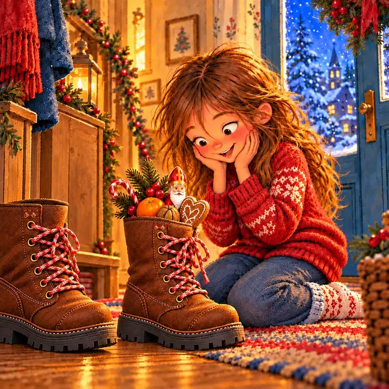 Weihnachtsgeschichte: Mäuschen Mika und der kleinste Nikolausstiefel, hier der gefüllte Nikolausstiefel
