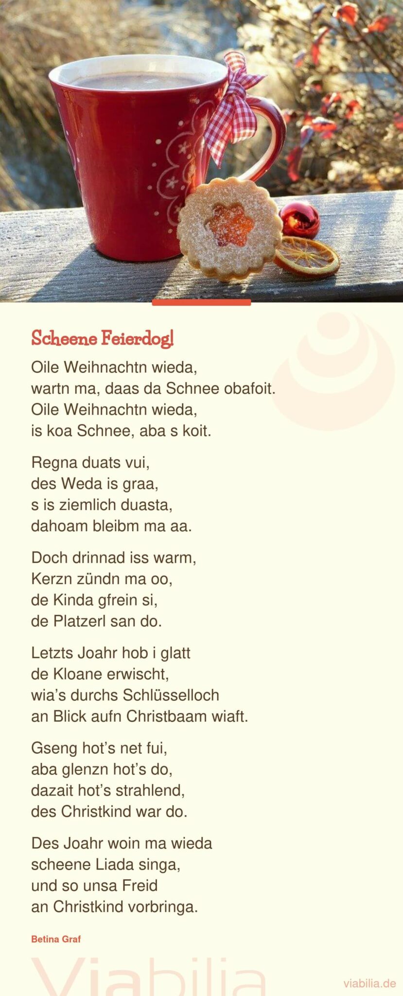 Weihnachtsgedicht in bayrischer Mundart: Scheene Feierdog