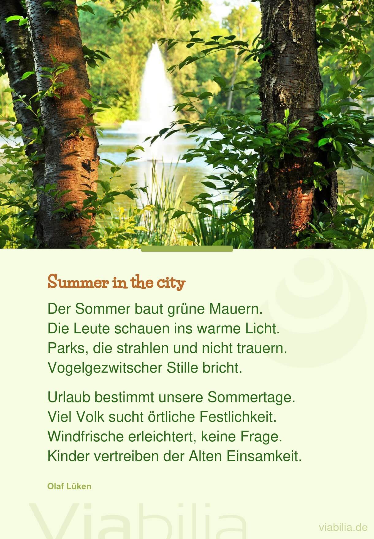 Gedicht von Olaf Lüken: Sommer in der Stadt, im Park