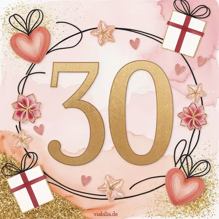 Glückwünsche zum 30. Geburtstag mit Herzchen und Geschenken