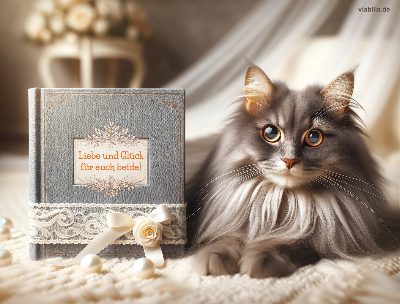 Hochzeitswünsche, hier mit Katze und Hochzeitsbuch
