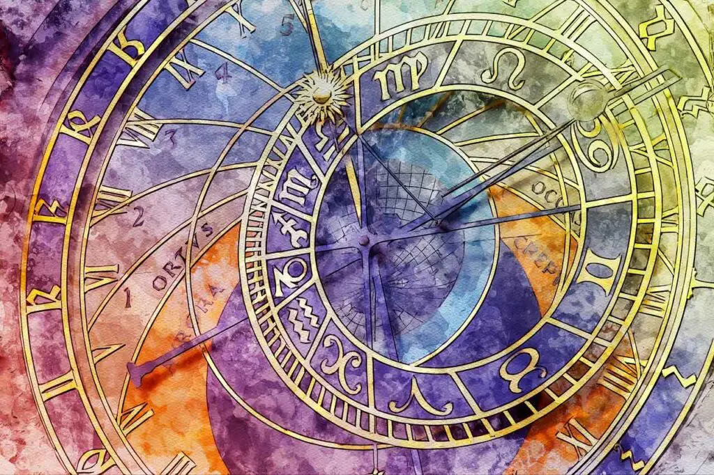bunte Zeichnung einer Uhr mit astrologischen Symbolen