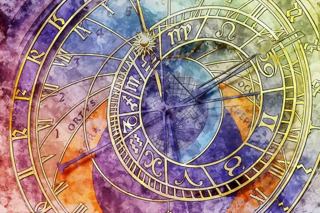 bunte Zeichnung einer Uhr mit astrologischen Symbolen