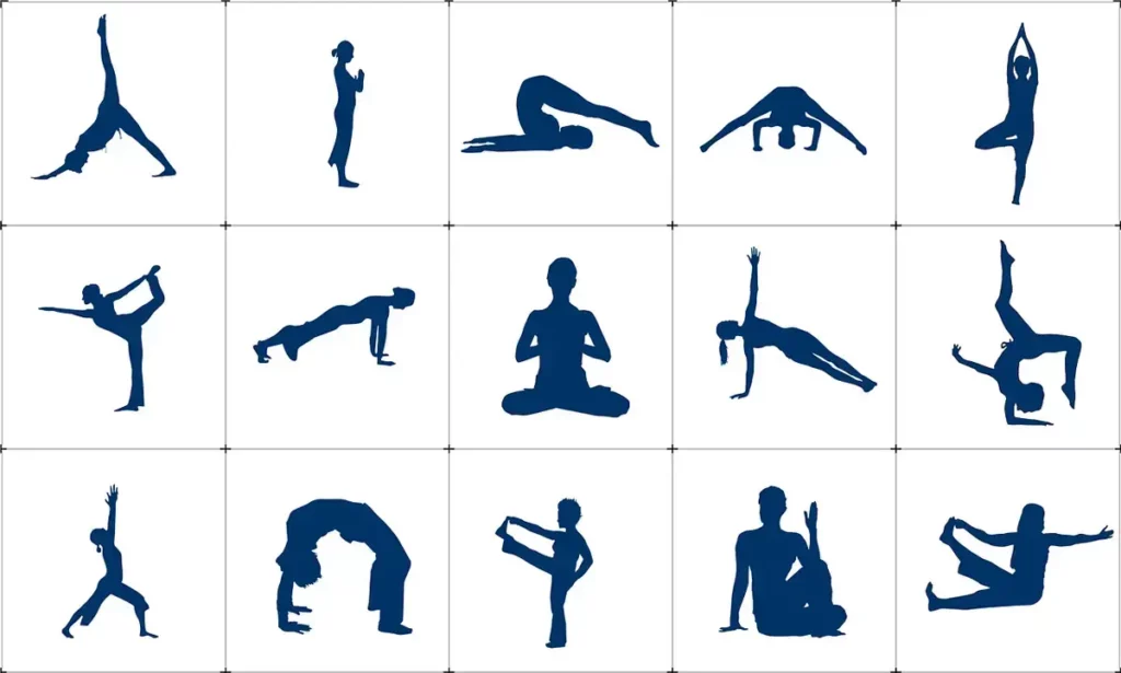 verschiedene Yoga-Übungen werden in Silhouette gezeigt