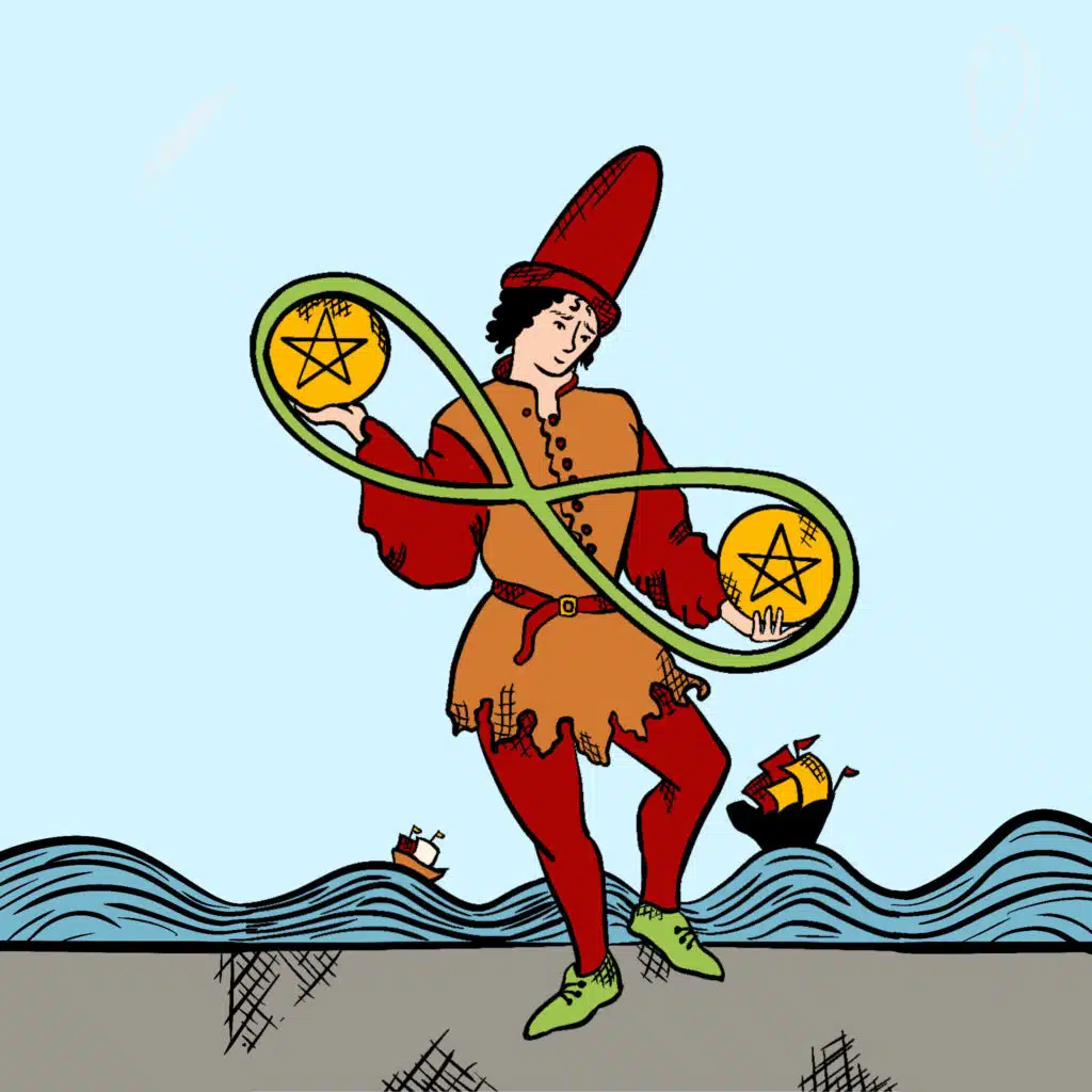 Tarotkarte "Zwei der Münzen" im Tarot